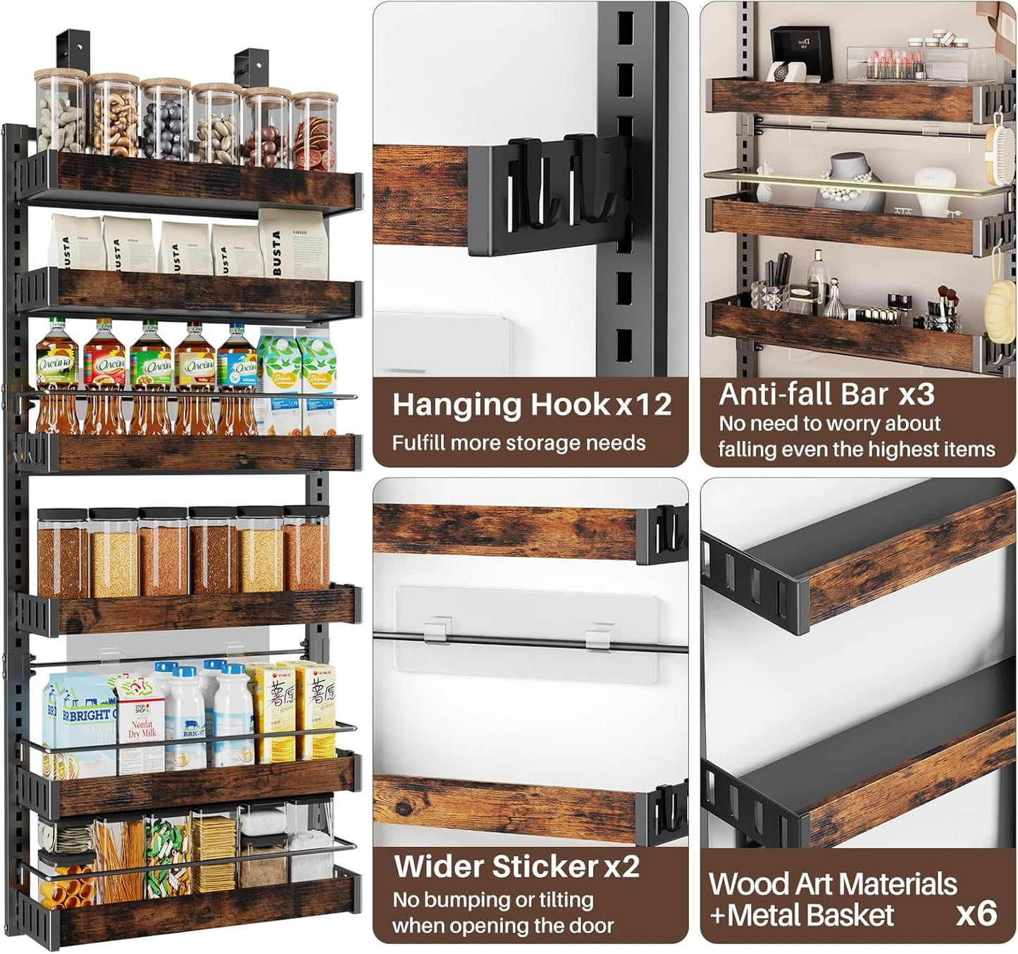 6 Tier Over The Door Pantry Organizer, 2 IN 1 Wall Mount or Metal Hanging Spice Rack for Pantry