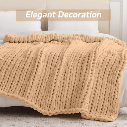 Chunky Knit Throw Blanket, 50''*60'' Knitted Throw Chenille Yarn for Bed Couch, Handmade Beige