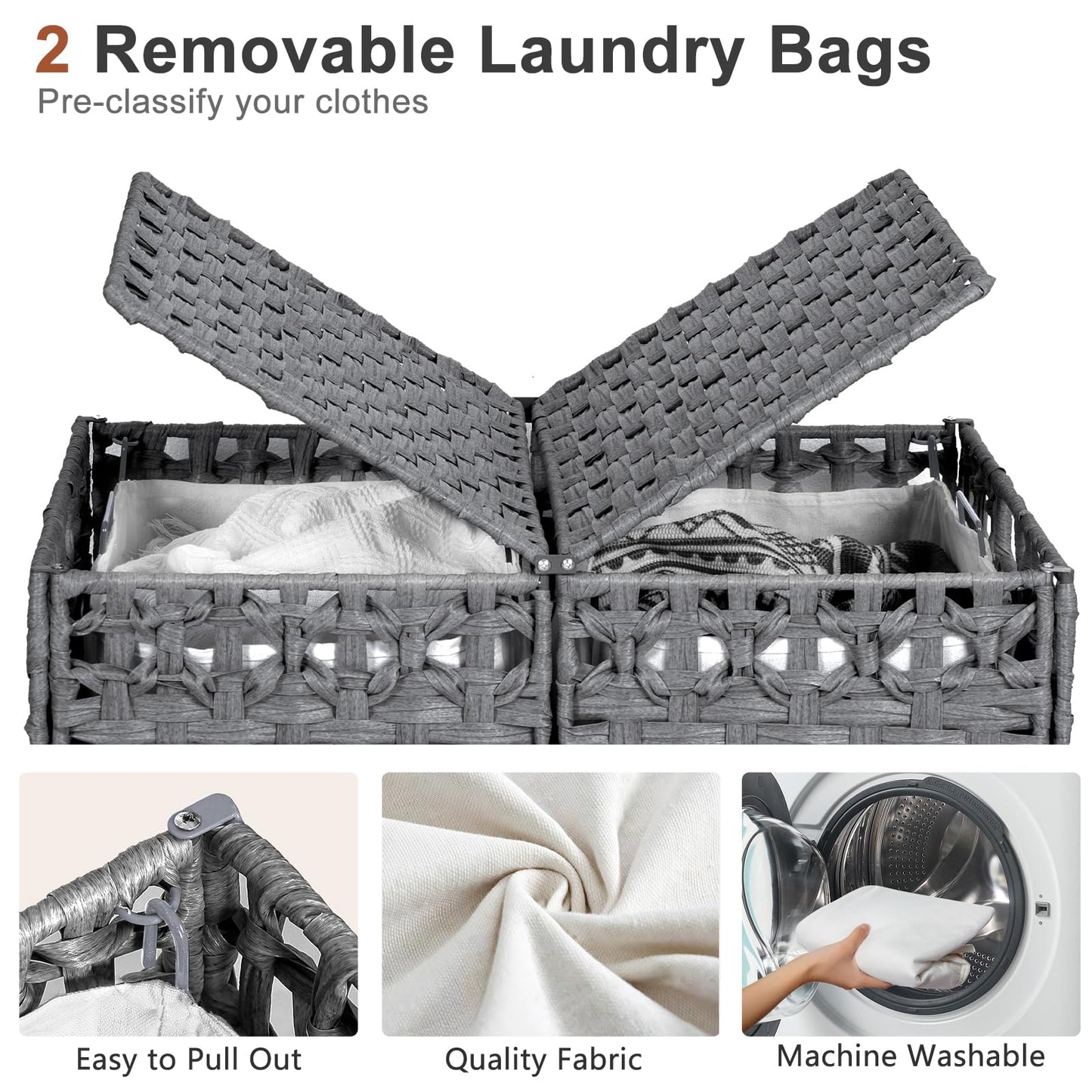 170L Foldable Laundry Hamper with Lid - Handwoven Rattan Storage Basket, 2-Section Clothes Hamper
