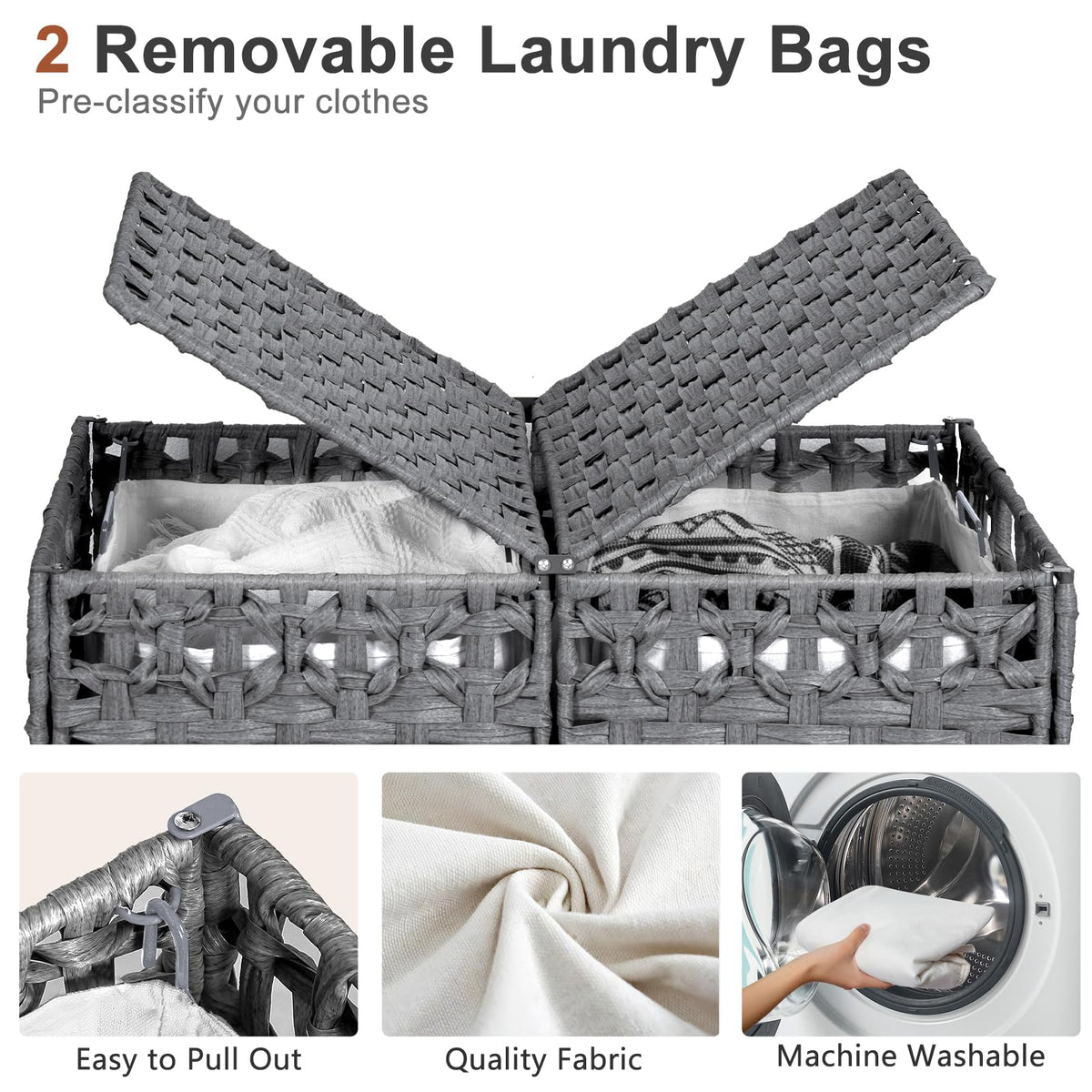 170L Foldable Laundry Hamper with Lid - Handwoven Rattan Storage Basket, 2-Section Clothes Hamper