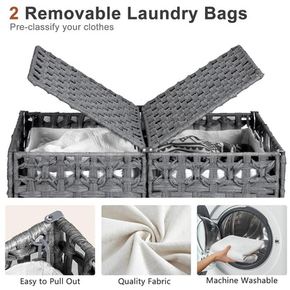 170L Foldable Laundry Hamper with Lid - Handwoven Rattan Storage Basket, 2-Section Clothes Hamper