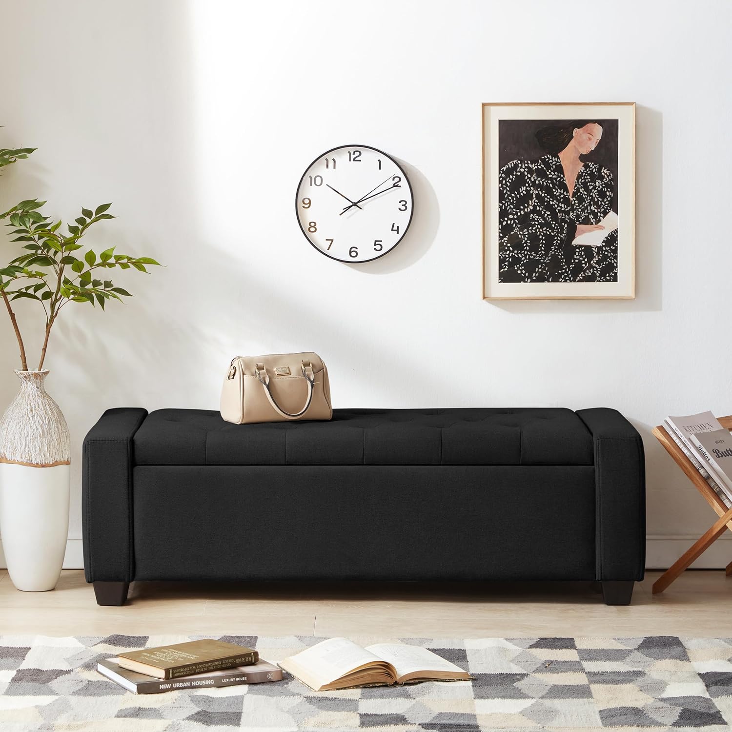 48" Ottoman with Storage, Black Storage Ottoman Bench with Safety Hinge, Upholstered Entryway Bench