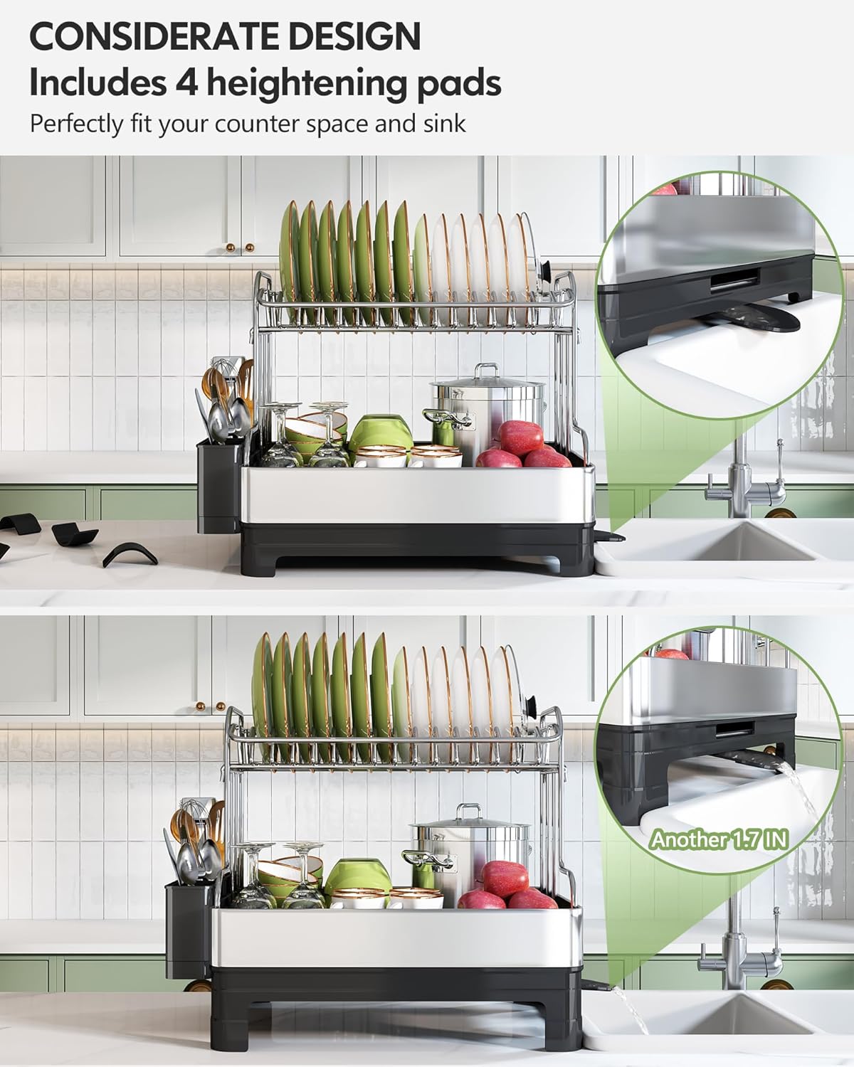 BOOSINY Extra Large Stainless Steel Dish Drying Rack, 2 Tier Dish Racks for Kitchen Counter, Dish