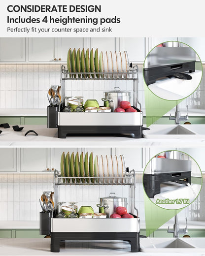 BOOSINY Extra Large Stainless Steel Dish Drying Rack, 2 Tier Dish Racks for Kitchen Counter, Dish