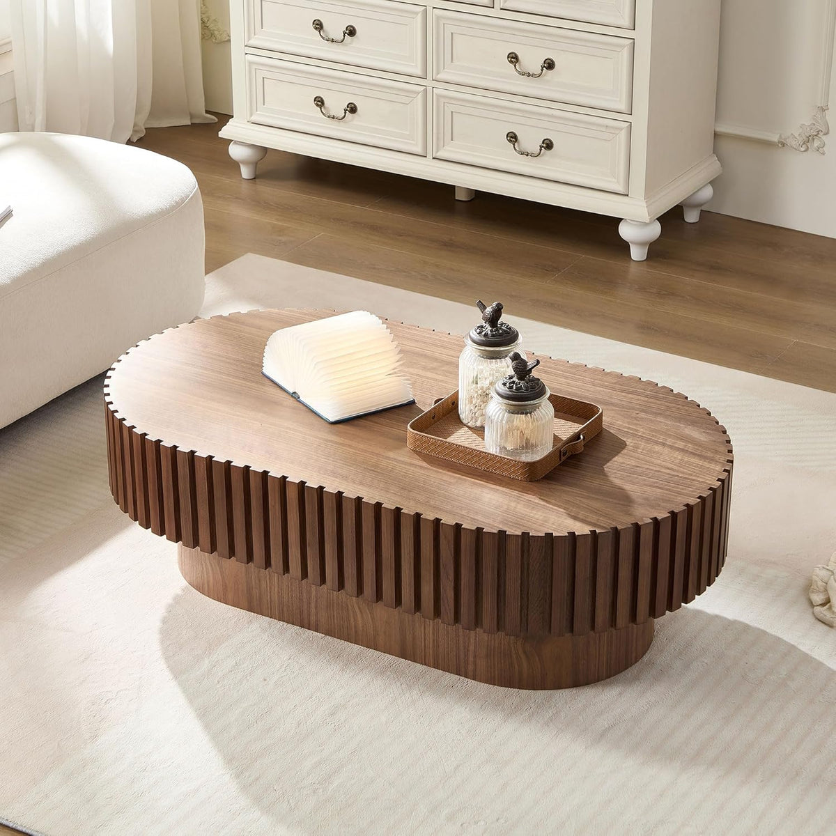 43.7" Oval Coffee Table for Living Room,Modern Handcraft Drum Coffee TableSmall Wooden Coffee Table