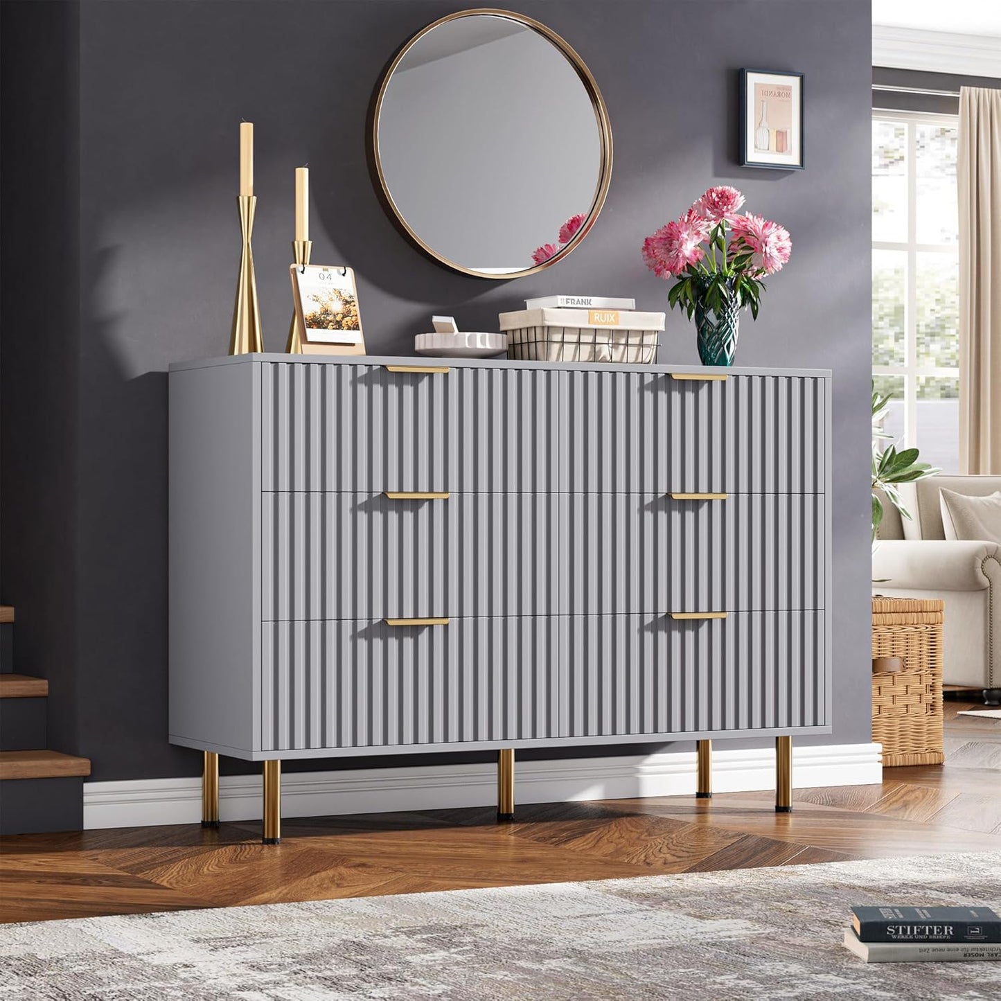 6 Drawer Dresser for Bedroom, Fluted 47.2" Wide Modern Chest of Drawers with Deep Drawers, Long