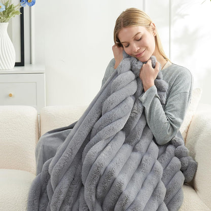 Cozy Bliss Faux Fur Throw Blanket for Couch, Cozy Warm Plush Striped Blanket for Sofa Bedroom