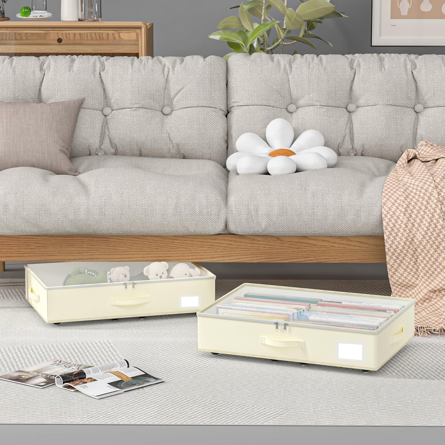 Under Bed Storage with Wheels, No Assemble Required 5.5 inches height beige under bed storage