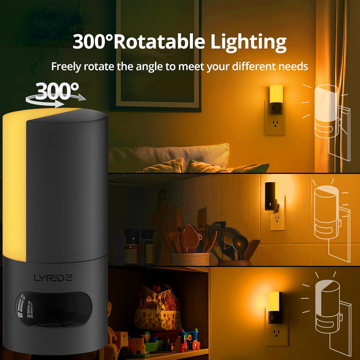 Lyridz Plug-in LED Amber Night Light with Motion Sensor, Rotatable, Dimmable Backlit Nightlight