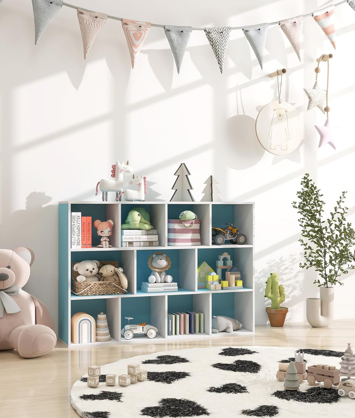 11-Cube Blue Kids Bookshelf and Toy Organizer – Wooden Storage Shelf for Boys Bedroom, Open Cube