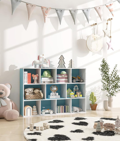 11-Cube Blue Kids Bookshelf and Toy Organizer – Wooden Storage Shelf for Boys Bedroom, Open Cube