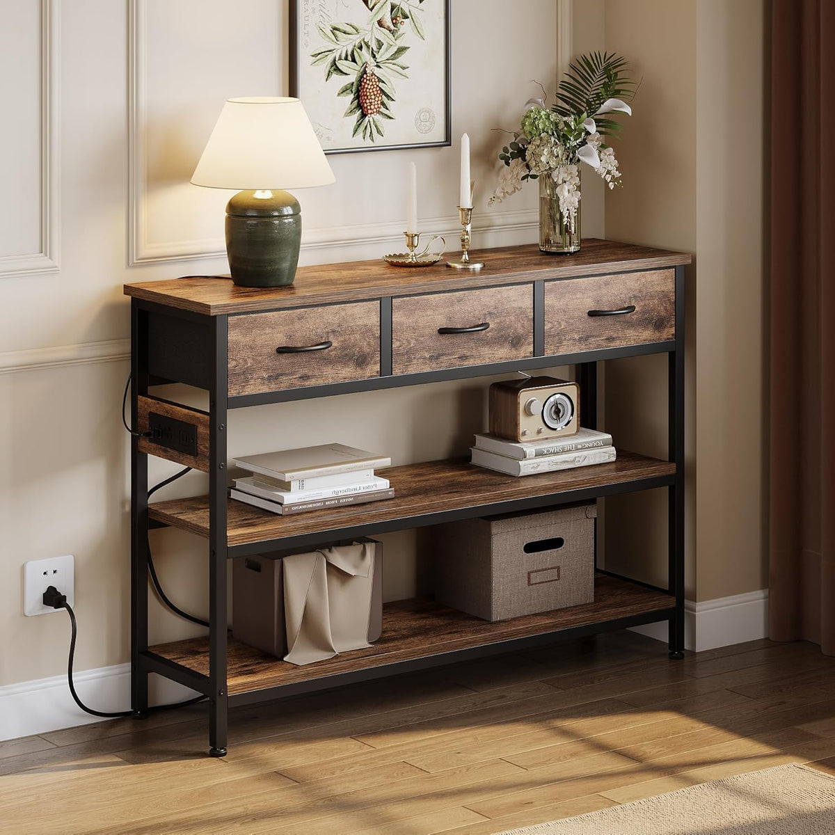 Lulive 2 Pack Entryway Tables with Power Outlets, Console Table with 3 Fabric Drawers, Sofa Table