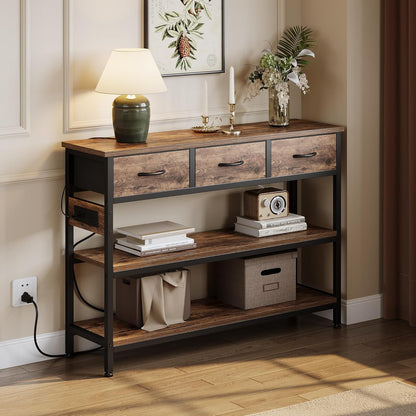 Lulive 2 Pack Entryway Tables with Power Outlets, Console Table with 3 Fabric Drawers, Sofa Table