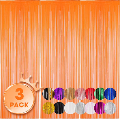 3 Pack 3.3x8.2 Feet Orange Foil Fringe Backdrop Curtains, Tinsel Streamers Birthday Party