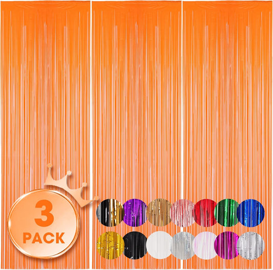 3 Pack 3.3x8.2 Feet Orange Foil Fringe Backdrop Curtains, Tinsel Streamers Birthday Party