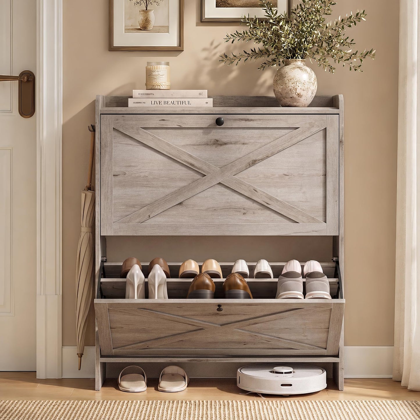 VASAGLE Shoe Storage Cabinet Organizer with 2 Flip Drawers, Freestanding Narrow Shoe Rack Cabinet