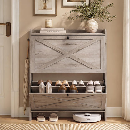 VASAGLE Shoe Storage Cabinet Organizer with 2 Flip Drawers, Freestanding Narrow Shoe Rack Cabinet