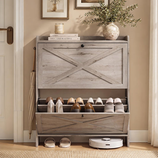 VASAGLE Shoe Storage Cabinet Organizer with 2 Flip Drawers, Freestanding Narrow Shoe Rack Cabinet