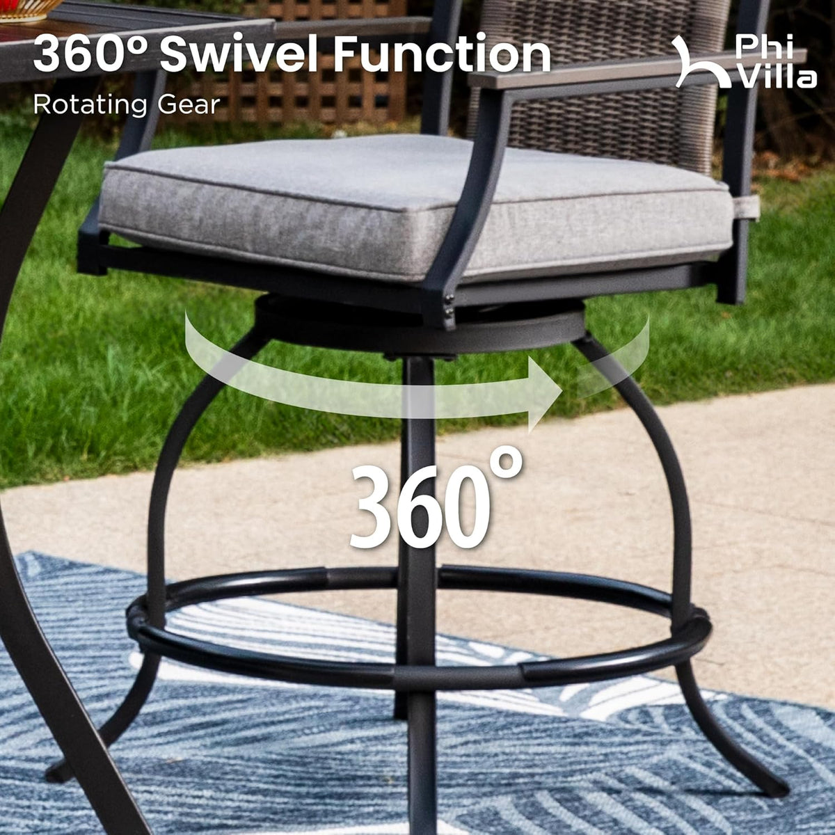 PHI VILLA 3 PCS Patio Bar Set, Bar Height Chair with 3.5" Thicker Cushion & Retro-Metal Square