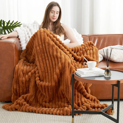 Amélie Home Faux Fur Throw Blanket for Couch, Cozy Fuzzy Fluffy Fur Luxurious Soft Striped Plush