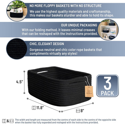 NaturalCozy 11.8"x8"x4.5” Rectangle Storage Baskets for Shelves 3 Pack | Cotton Rope Woven Small