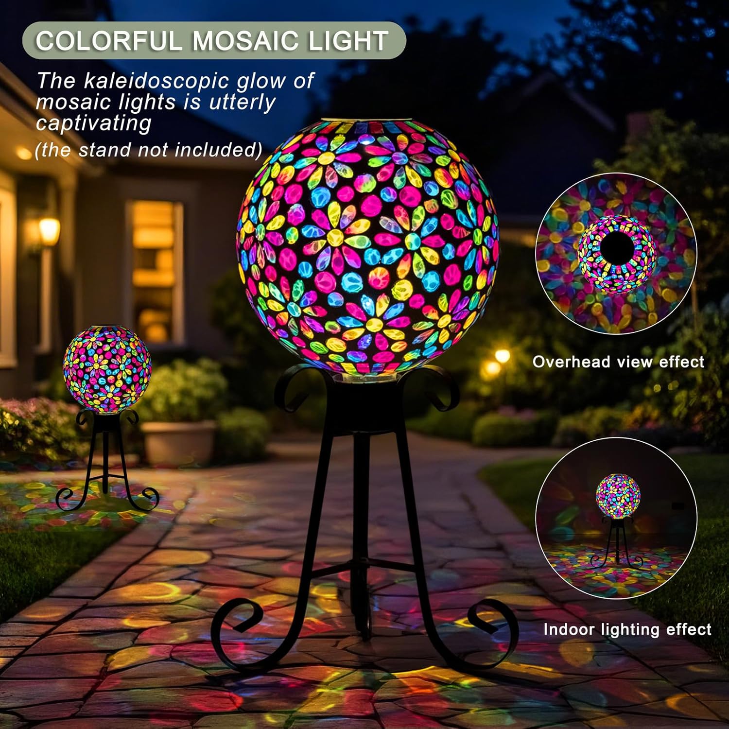 VOREEN 10" Mosaic Glass Gazing Ball with Solar Light, Outdoor Solar Gazing Globe, Handmade IP44