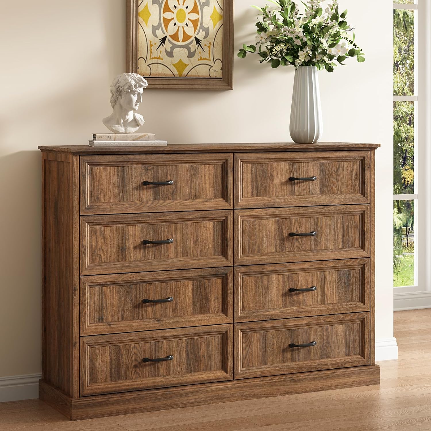 Farmhouse 8 Drawer Dresser for Bedroom, 55 Inch Wide Modern Walnut Dresser TV Stand with Large