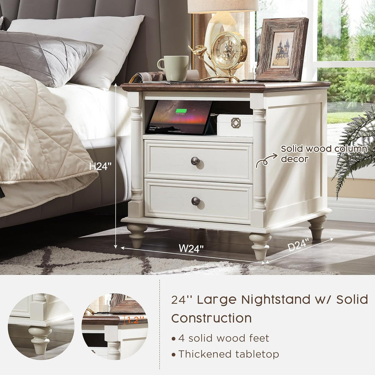 T4TREAM 24'' Farmhouse End Table w/4 Solid Wood Feet, Large 2 Drawers Wide Sofa Side Table with