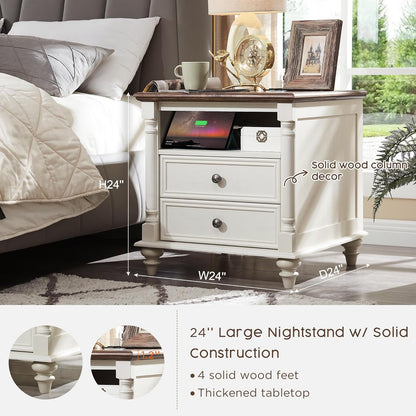 T4TREAM 24'' Farmhouse End Table w/4 Solid Wood Feet, Large 2 Drawers Wide Sofa Side Table with