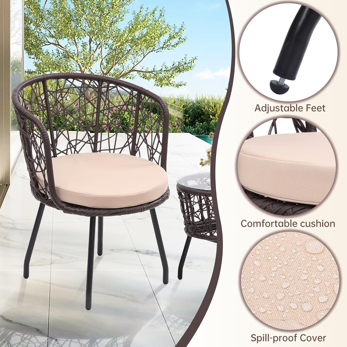 Kromax 3 Piece Bistro Set, Modern Outdoor Wicker Patio Furniture with Tempered Glass Table Top and