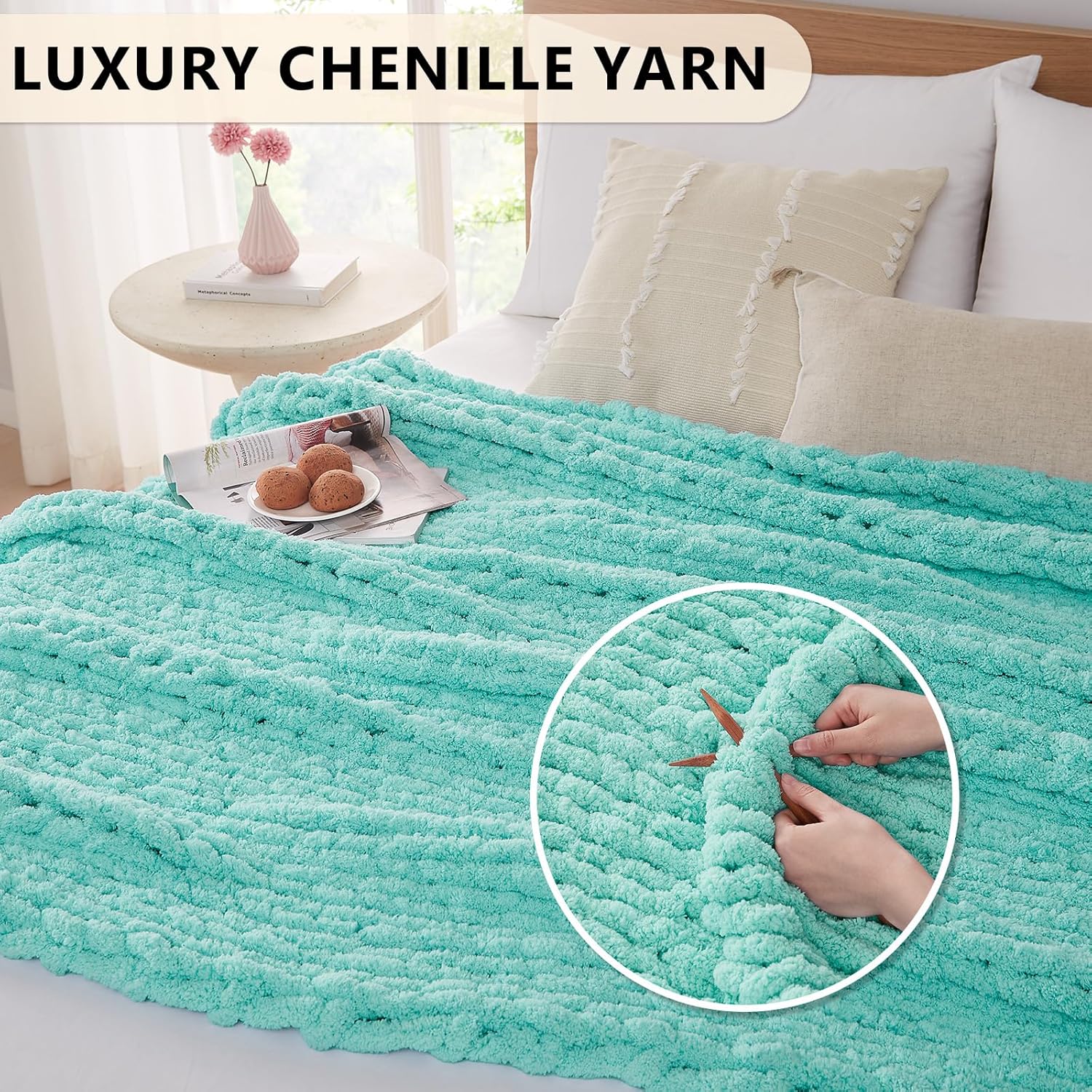 L'AGRATY Chunky Knit Blanket Throw: 60''x80'' Chenille Chunky Knitted Throw Blanket for Bed Couch
