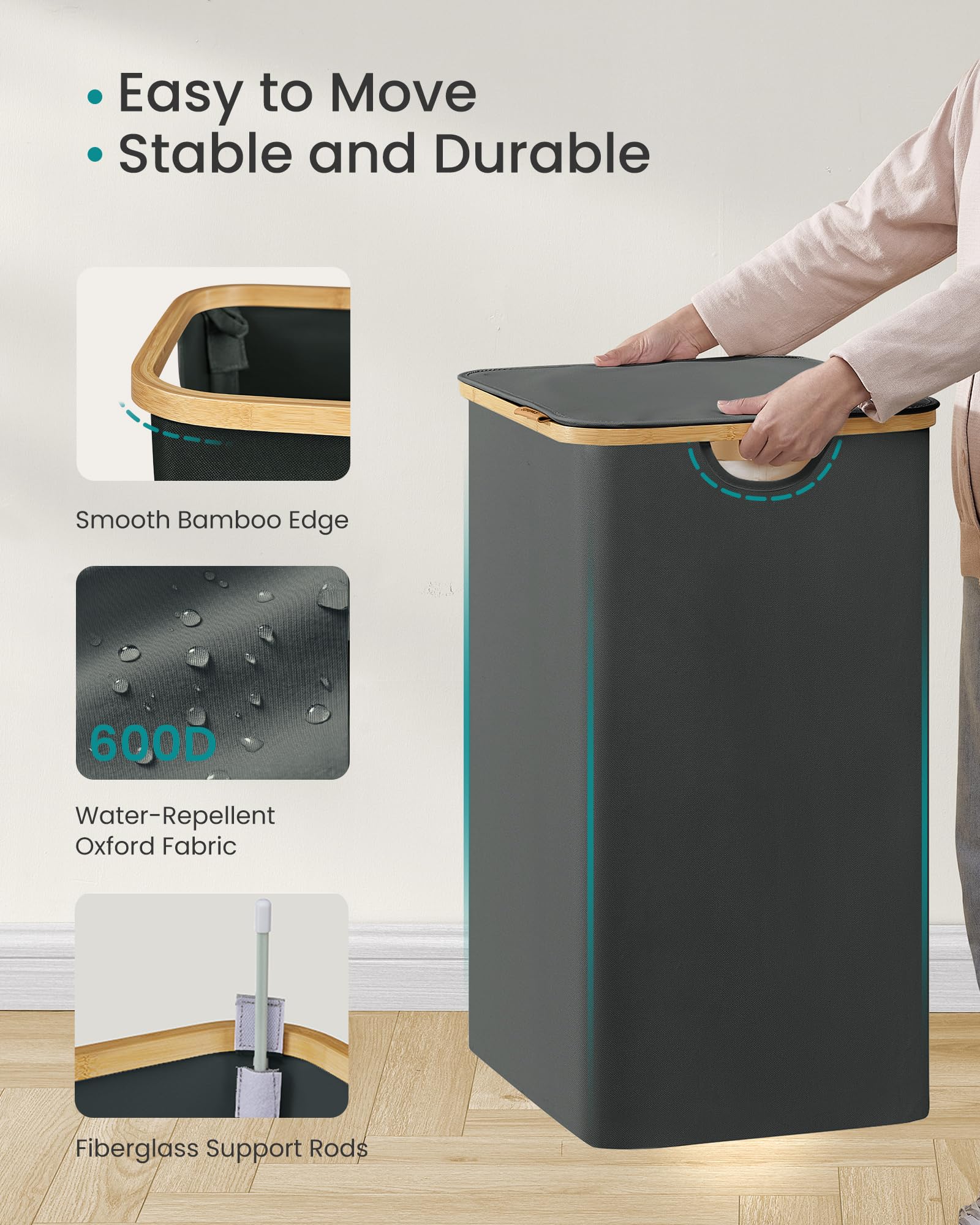 SONGMICS Laundry Hamper, Laundry Basket with Lid, Foldable Storage Basket, Bamboo Frame, for
