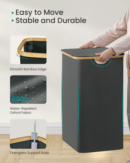 SONGMICS Laundry Hamper, Laundry Basket with Lid, Foldable Storage Basket, Bamboo Frame, for
