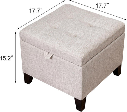 Adeco 18 Inch High Cube Ottoman Storage, Linen Chair Foot Stools, Upholstered Vanity Stool with