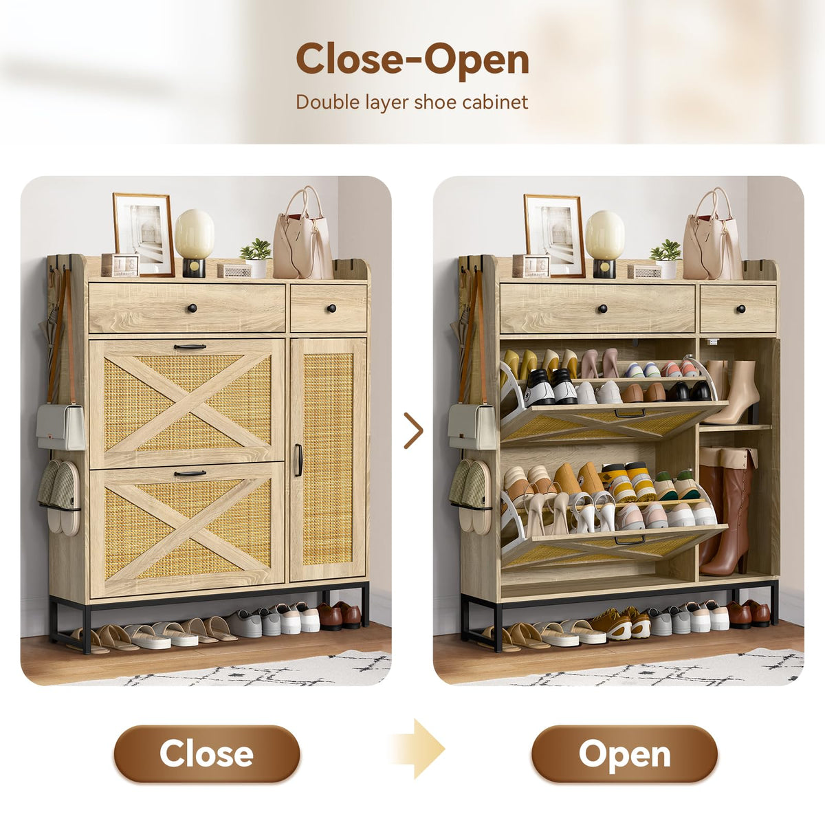 Holiwei Shoe Cabinet Rattan Woven with High Boot Storage, Large Capacity Modern Entryway Organizer