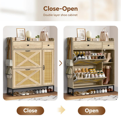 Holiwei Shoe Cabinet Rattan Woven with High Boot Storage, Large Capacity Modern Entryway Organizer