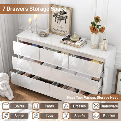 White Malm Dresser for Bedroom, 55 Inch Full High Gloss Dresser with 7 Drawers, Modern Large Wood