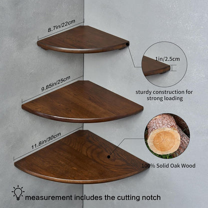 Corner Shelves, Floating Corner Shelf, Set of 3 Solid Oak Wood Corner Wall Shelves, Round End with