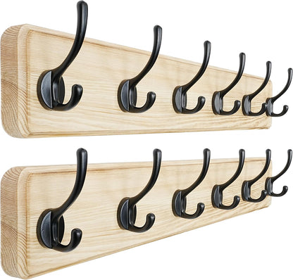 Dseap Coat Rack Wall: 24" Long, Patented, Heavy-Duty, 6-Double-Hooks Wooden Wall Mounted Coat Rack