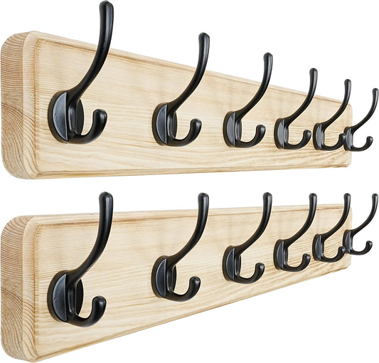 Dseap Coat Rack Wall: 24" Long, Patented, Heavy-Duty, 6-Double-Hooks Wooden Wall Mounted Coat Rack