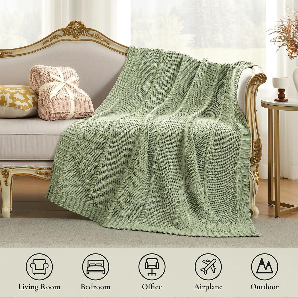 Amélie Home Chenille Knit Throw Blanket for Couch, Chevron Texture Decorative Soft Blanket for