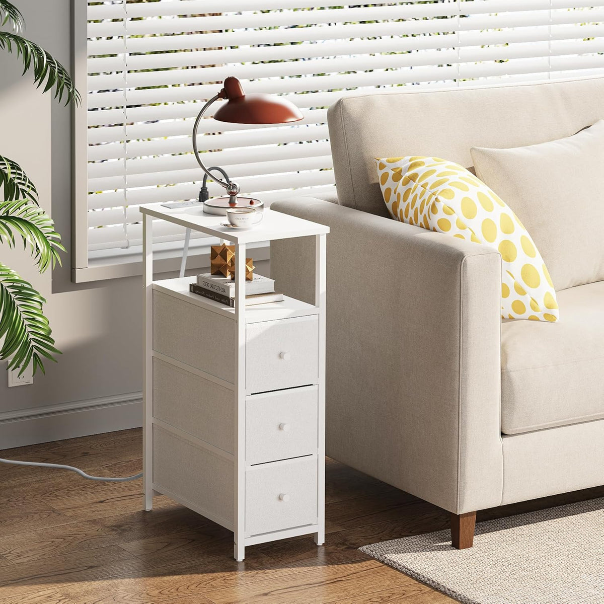TUTOTAK Narrow Night Stand with Charging Station, Slim End Table with Plugins, Tall Side Table with