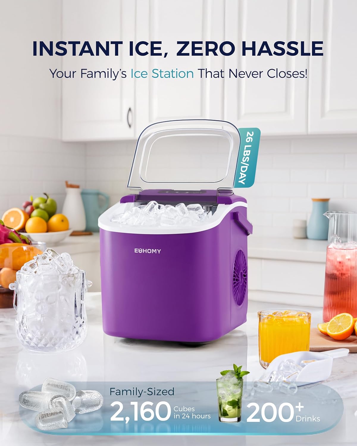 EUHOMY Countertop Ice Maker Machine with Handle, 26lbs Per Day, 9 Ice Cubes Ready in 6 Mins