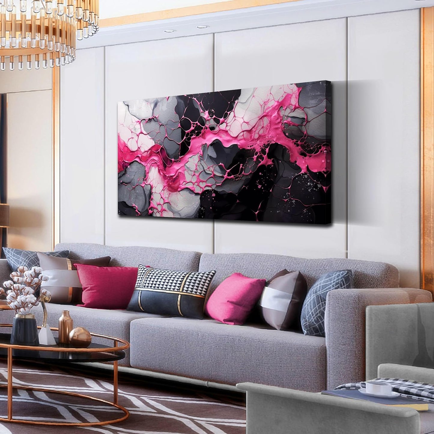 GUGIKA Abstract Wall Art for Living Room, Pink Canvas Wall Decor for Girls Bedroom Decor, Pigment
