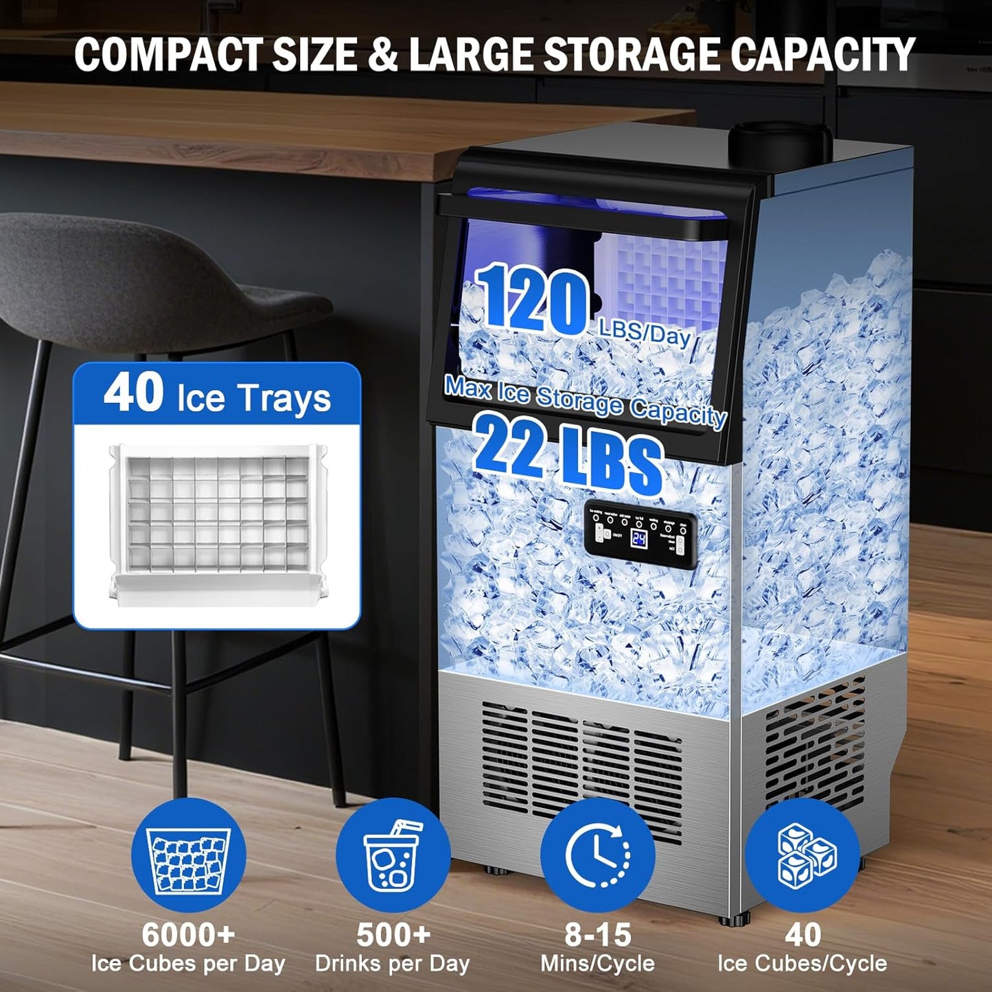 Commercial Ice Maker Machine 120 LBS/24H, 40 Ice Trays Freestanding & Undercounter Ice Machine