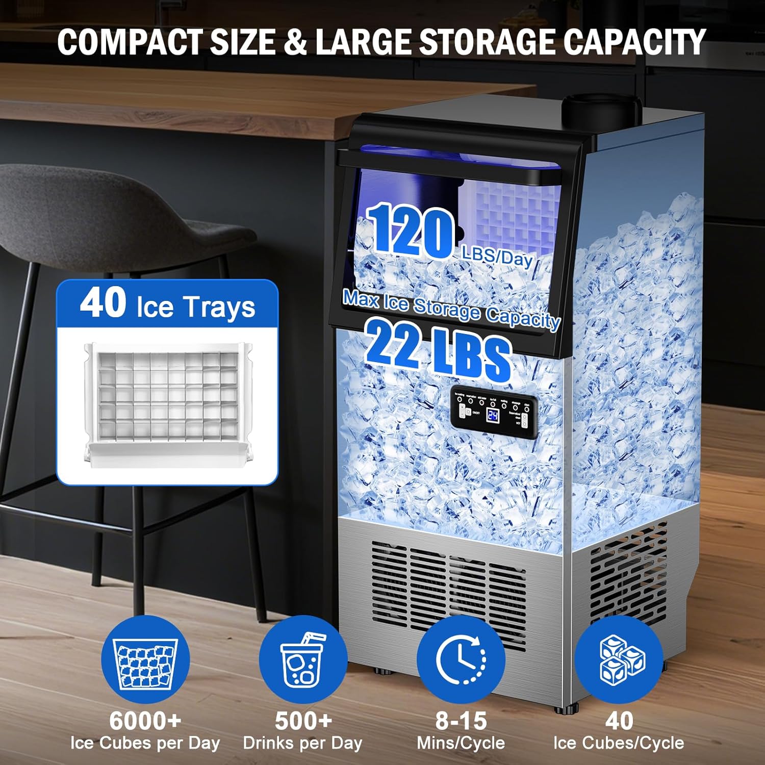 Commercial Ice Maker Machine 120 LBS/24H, 40 Ice Trays Freestanding & Undercounter Ice Machine