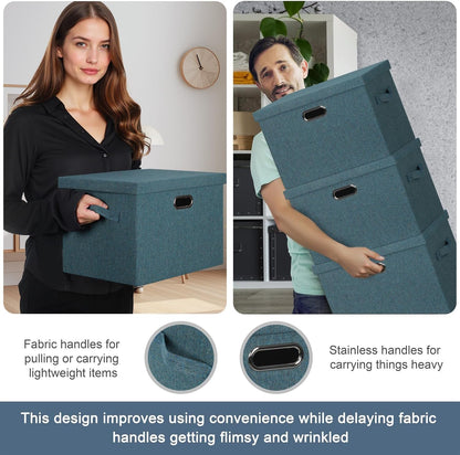 Large 17" 36 Quart Collapsible Stackable Storage Bins with Lids, 3 Packs Blue-Green Linen Fabric