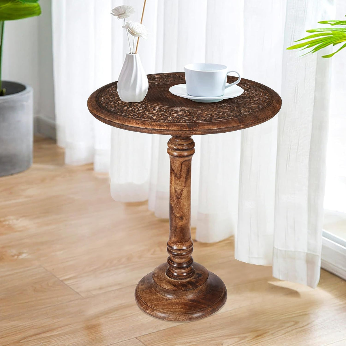Lightnpro Hand Carved Solid Mango Wood Round Pillar Accent Table - 18" × 22" Rustic Farmhouse Side