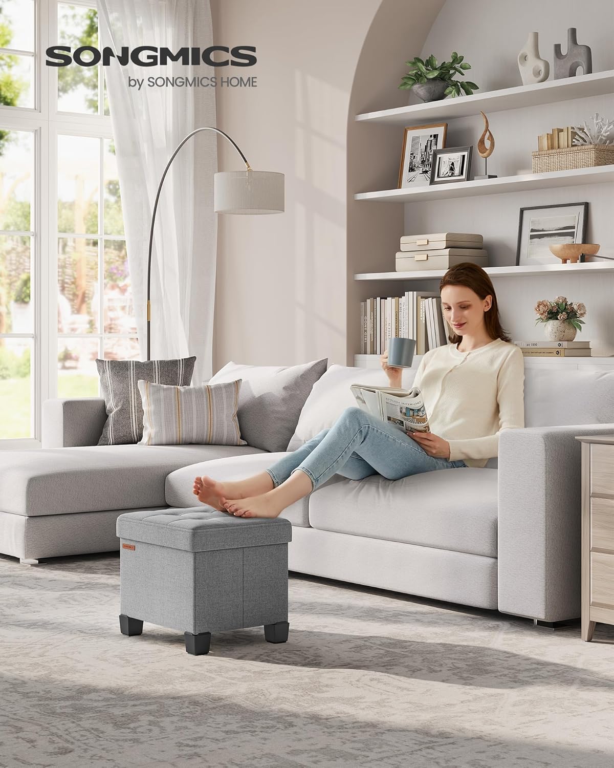 SONGMICS Storage Ottoman, Small Ottoman Foot Rest with Legs, 12.6 x 15.8 x 13.2 Inches Foot Stool