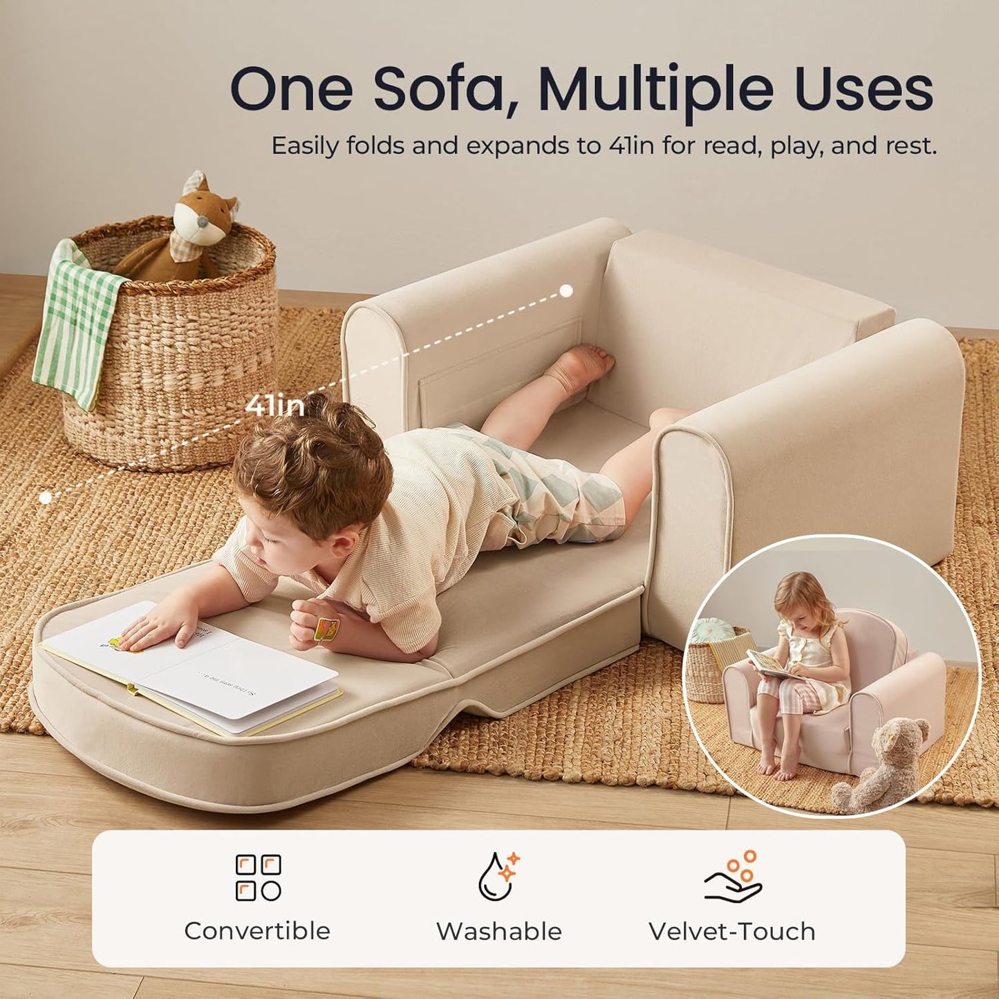 Tiny Land 2-in-1 Foldable Kids Couch with Pockets – Soft Thick Toddler Sofa, Lounger Couch